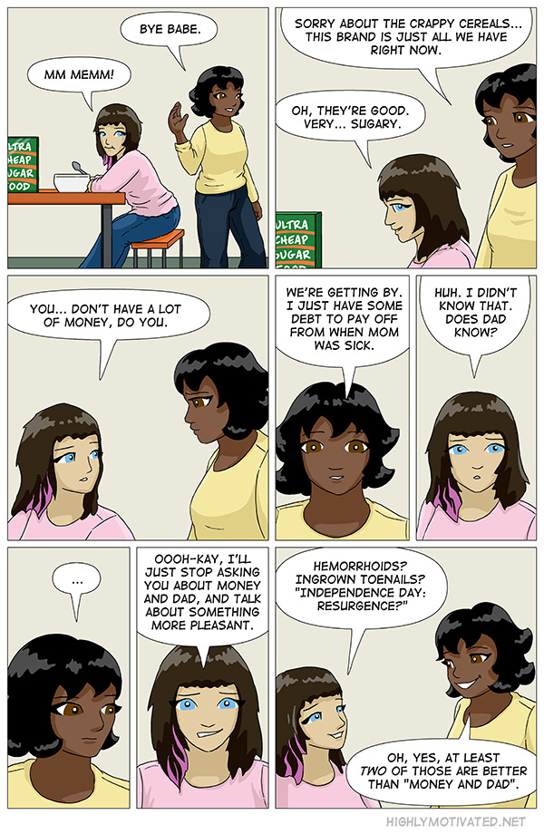"Highly Motivated" continues to be a webcomic about how to avoid serious conversations.
