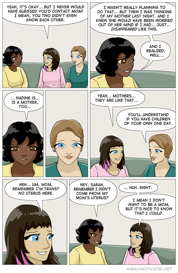 Alternative text for Sarah in the last panel: "Huh... next you'll have to remind me we're not actually related."